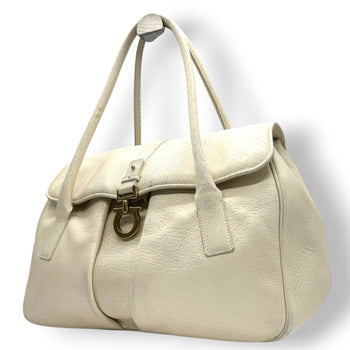 Salvatore Ferragamo Gancini Leather Tote Bag In White With Gold Hardware