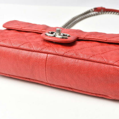 Chanel Chain Shoulder Bag Caviar Skin Matelasse Quilted Stitch Red Silver