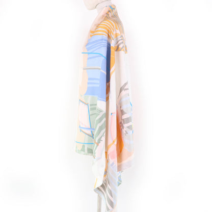 Hermes Rectangle Normandy Coast Charm 100% Silk Blanc Bleu Glacier Scarf With Box