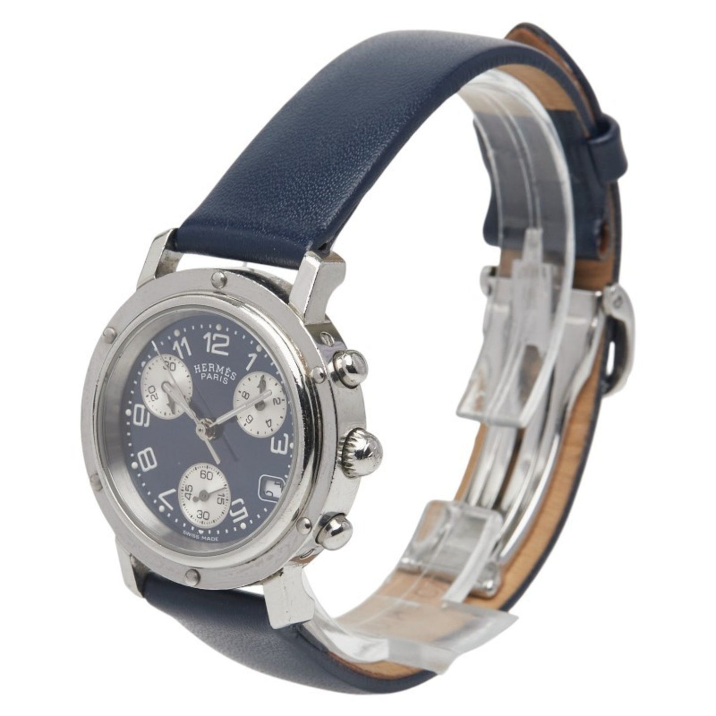 Herms Clipper Strap (Non-Original) Watch Cl1.310 Quartz Movement Blue Dial Stainless Steel Leather