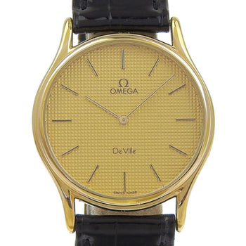 Omega De Ville Watch Cal.1365 Gold-Plated X Embossed Leather Quartz Analog Display Gold Dial