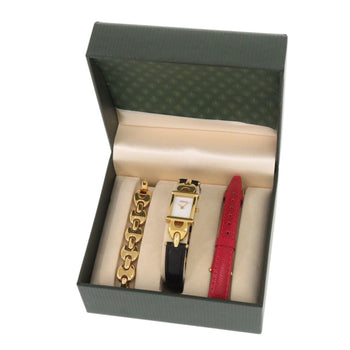 Gucci 1800L Change Strap Gp Embossed Leather White Dial Black Red Quartz Watch 1052 Gucci