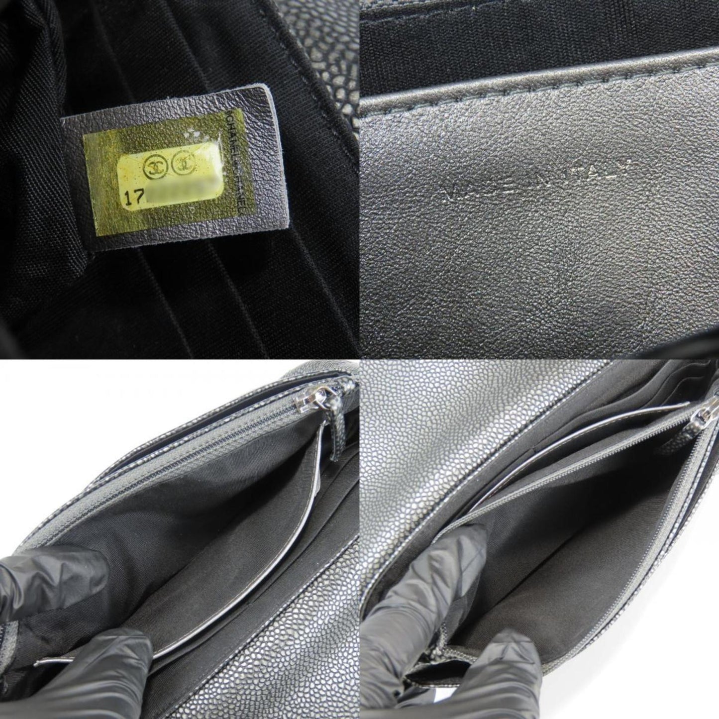 Chanel Half Moon Chain Wallet Shoulder Bag In Metallic Soft Caviar Leather With Silver Coco Mark