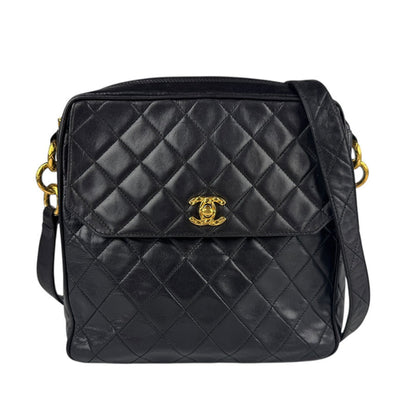 Chanel Shoulder Bag Leather Black Gold