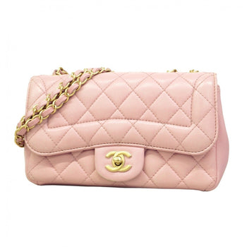 Chanel Shoulder Bag Matelasse W Chain Lambskin Pink Champagne