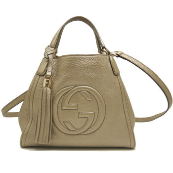 Gucci Soho 336751 Handbag Interlocking G Leather Metallic Greige 252770