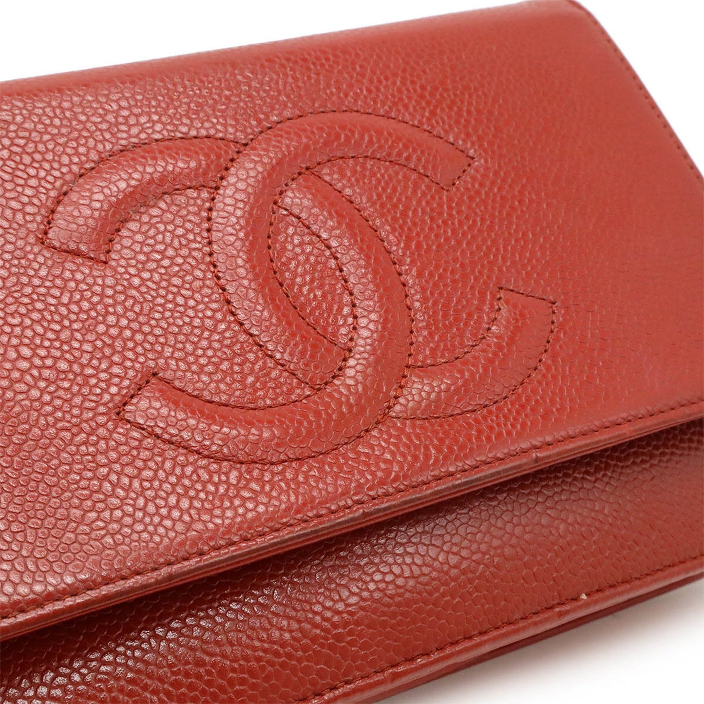Chanel Coco Mark Caviar Skin Chain Wallet Shoulder Bag Leather Red 8654
