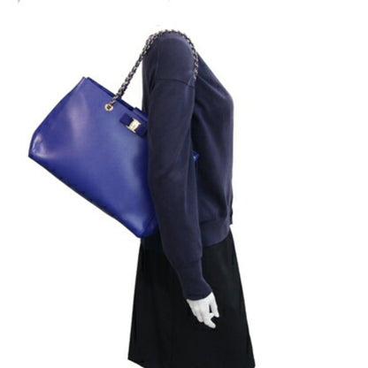 Salvatore Ferragamo Vara Tote Bag 21F561 Royal Blue Leather Chain Shoulder With Ribbon