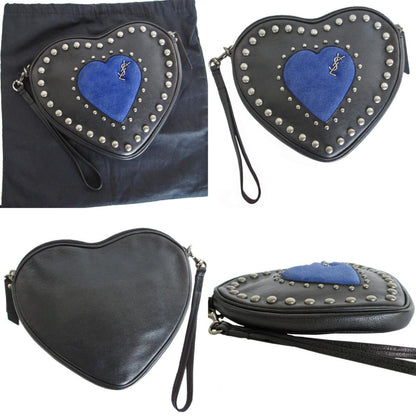 Saint Laurent Saint Laurent Clutch Bag Heart Motif Leather Suede Black Blue