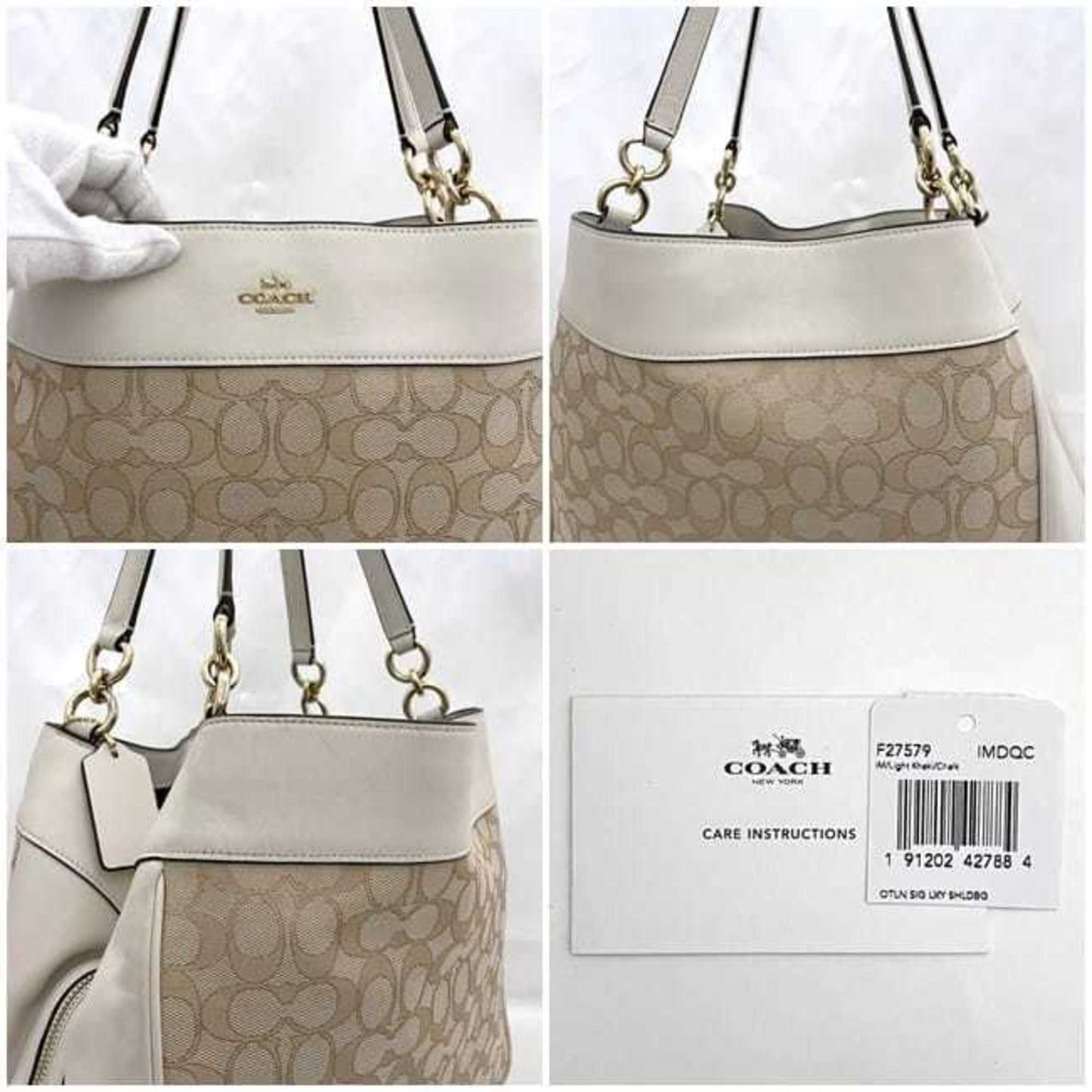 Coach Tote Bag Ec-23009 White Cream Signature F27579 Leather Canvas Coach Genuine
