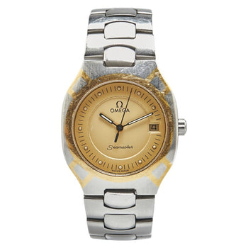 Omega Seamaster Polaris Watch Quartz Gold Dial Stainless Steel Yellow