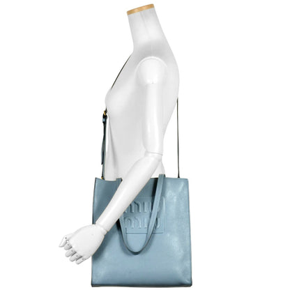 Miu Miu Miu Madras Tote Bag Leather 5Bg264 Sky Blue