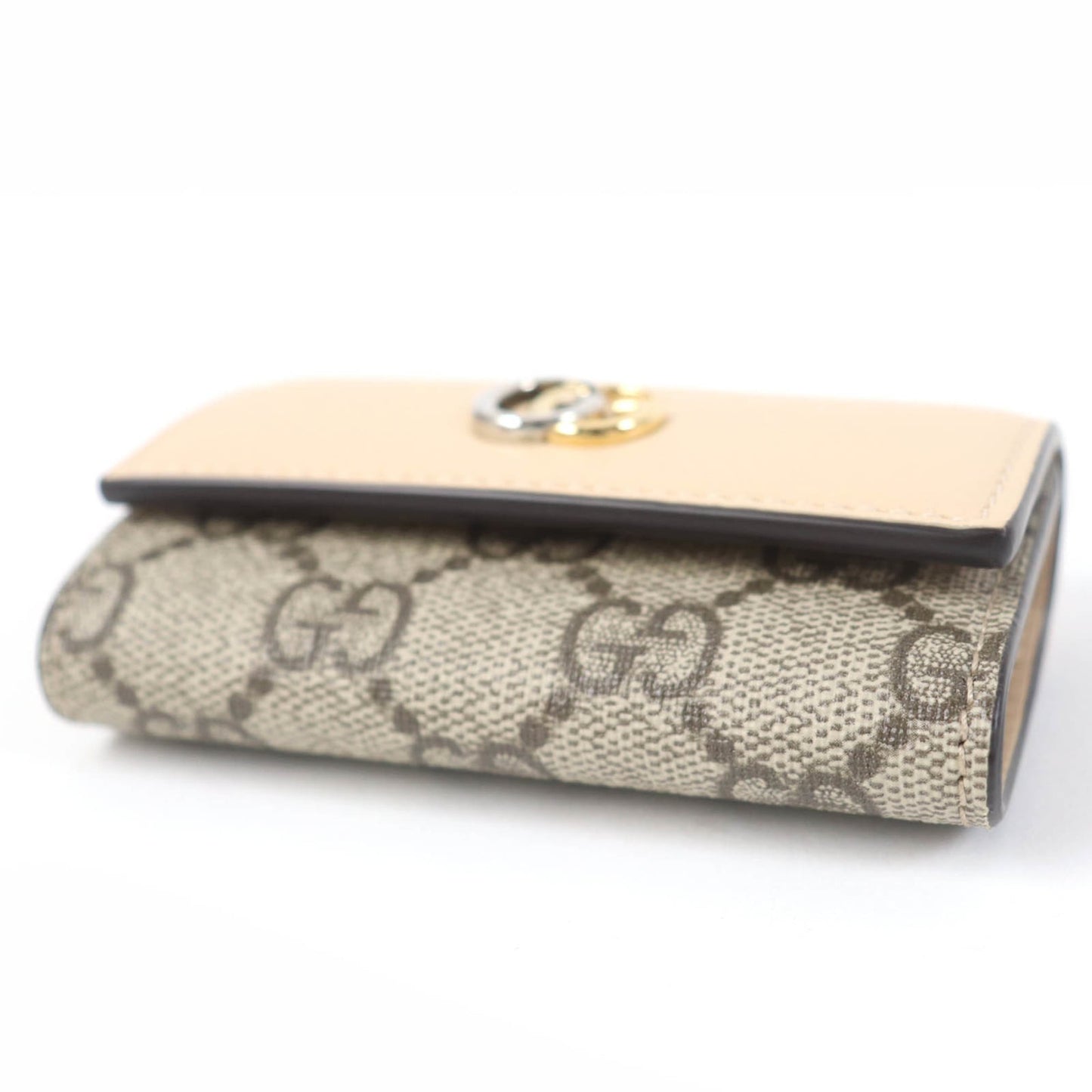 Gucci 795649 Double G Key Case In Beige Leather And Gg Supreme Canvas