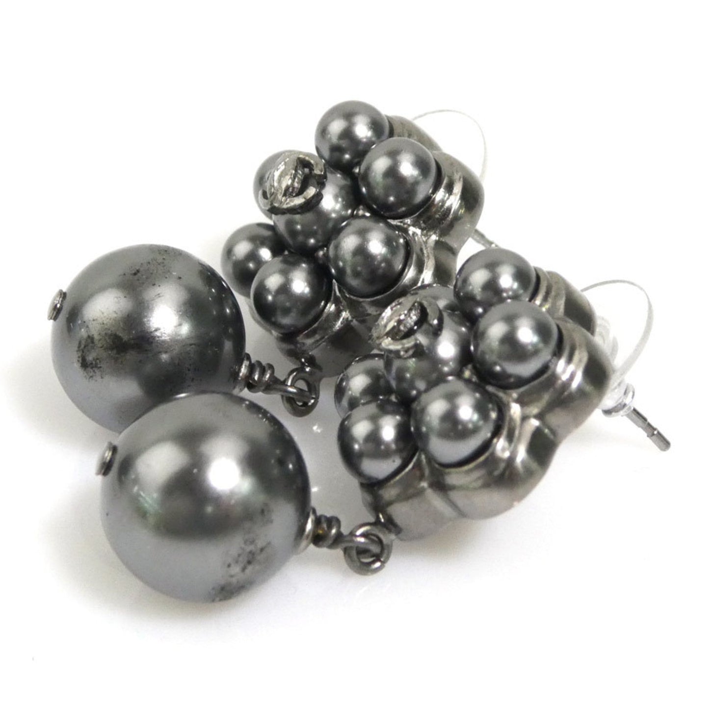 Chanel Coco Mark Metal Faux Pearl Grey Silver Earrings