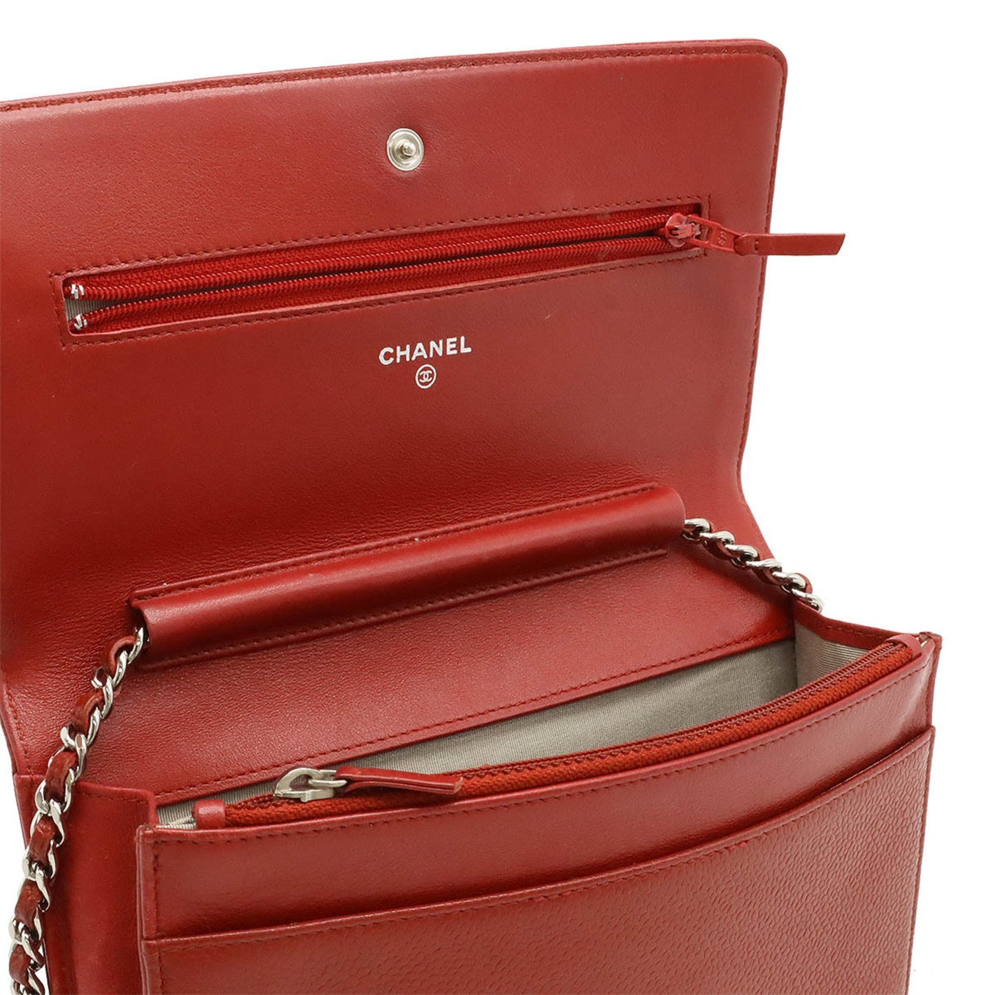 Chanel Coco Mark Caviar Skin Chain Wallet Shoulder Bag Leather Red 8654