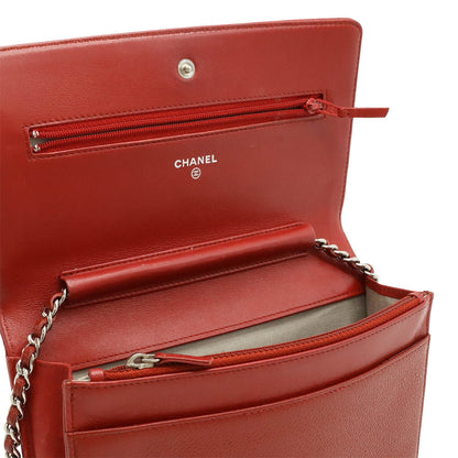 Chanel Coco Mark Caviar Skin Chain Wallet Shoulder Bag Leather Red 8654