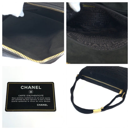 Chanel Vintage Chocolate Bar Coco Mark Black Canvas Shoulder Bag With Gold Hardware