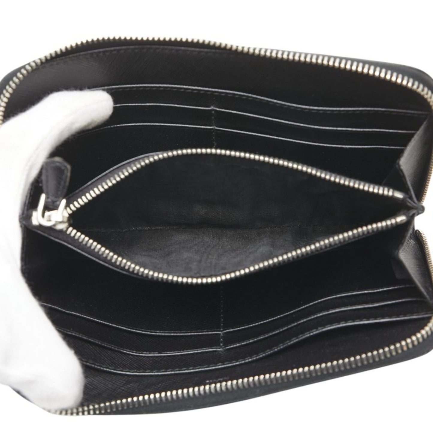 Prada Triangle Logo Plate Long Wallet Round Zipper Black Leather