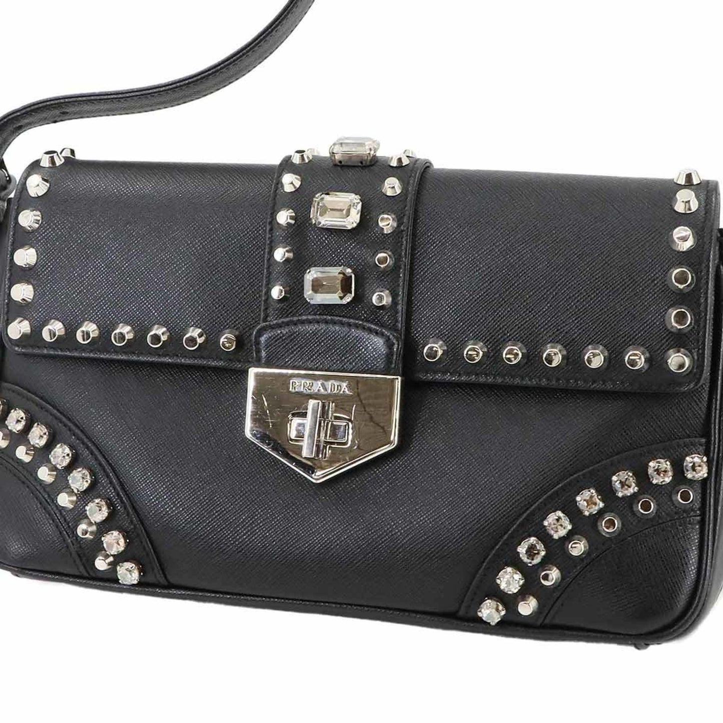 Prada Bejeweled Studded Shoulder Bag In Saffiano Leather (Black)