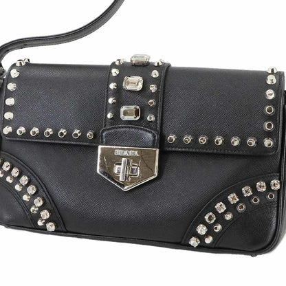 Prada Bejeweled Studded Shoulder Bag In Saffiano Leather (Black)