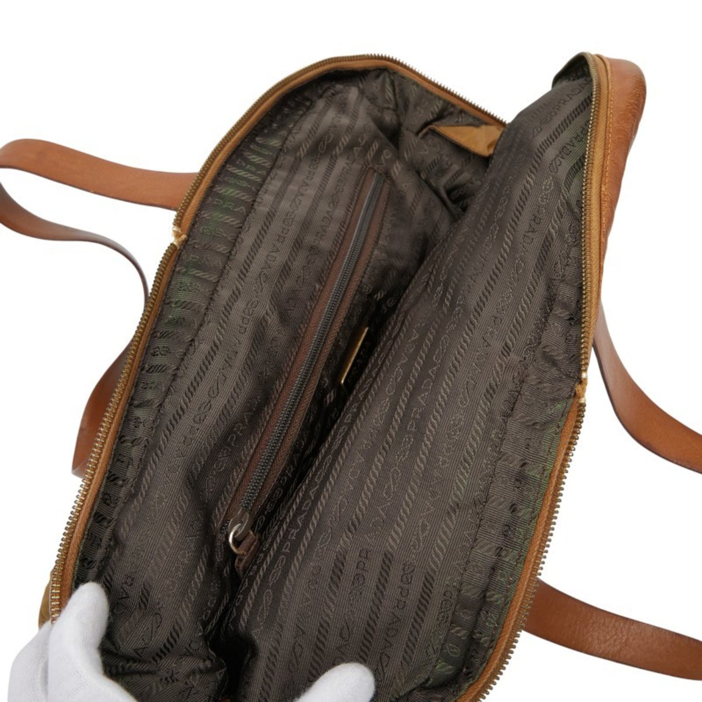 Prada Triangle Logo Plate Handbag Beige Brown Nylon Leather