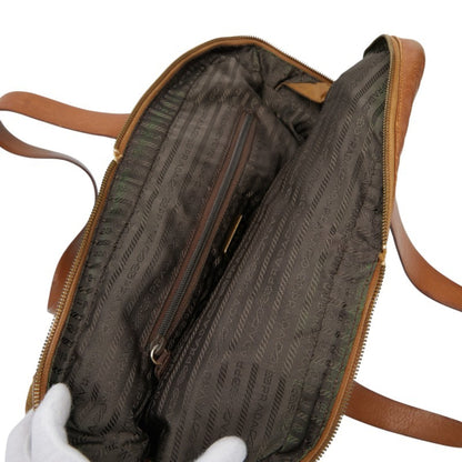 Prada Triangle Logo Plate Handbag Beige Brown Nylon Leather