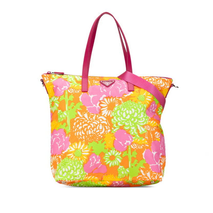 Prada Triangle Flower Motif Tote Bag Shoulder Pink Orange Multicolor Nylon Leather