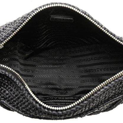 Prada Triangle Crochet Crossbody Shoulder Bag Black Raffia