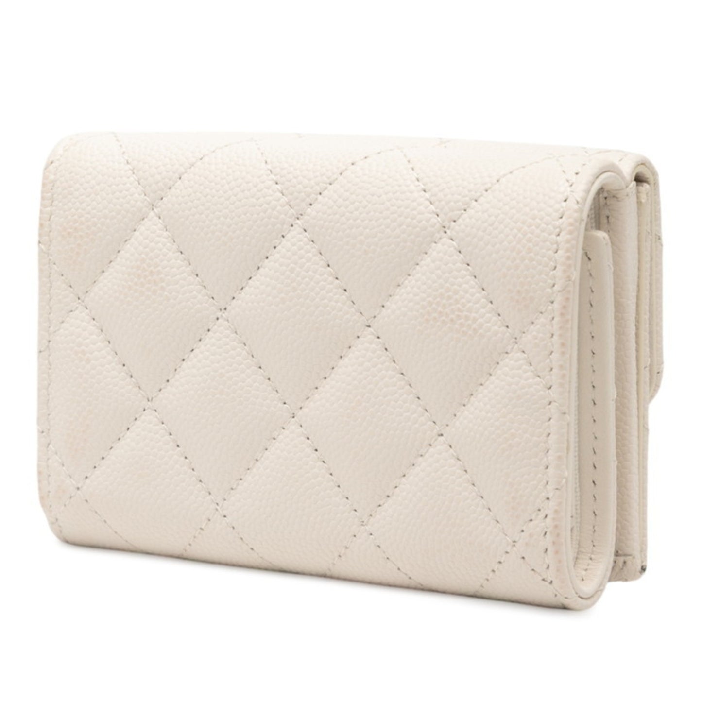 Chanel Matelasse Coco Mark Rhinestone Tri-Fold Wallet In White Caviar Leather