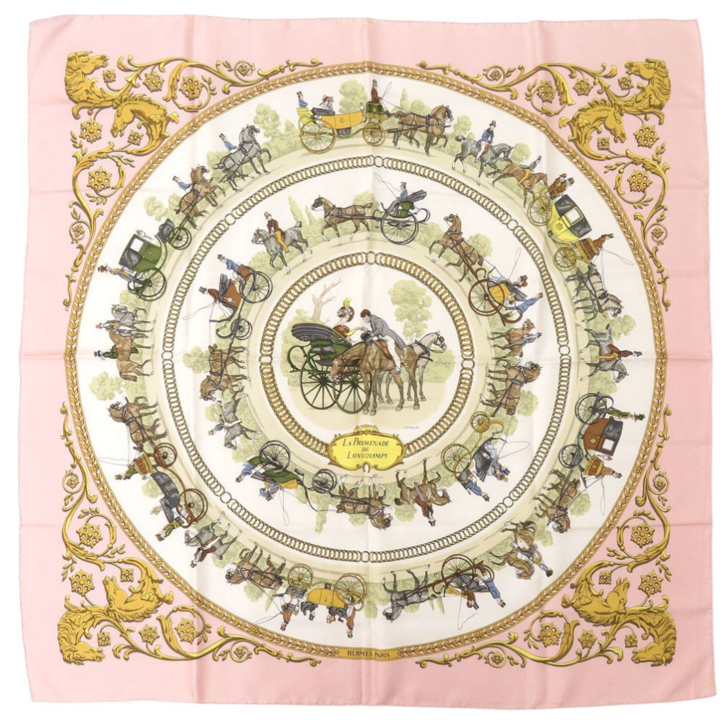 Herms Carr 90 "La Promenade De Longchamps" Silk Pink Scarf Muffler 0130 Hermes