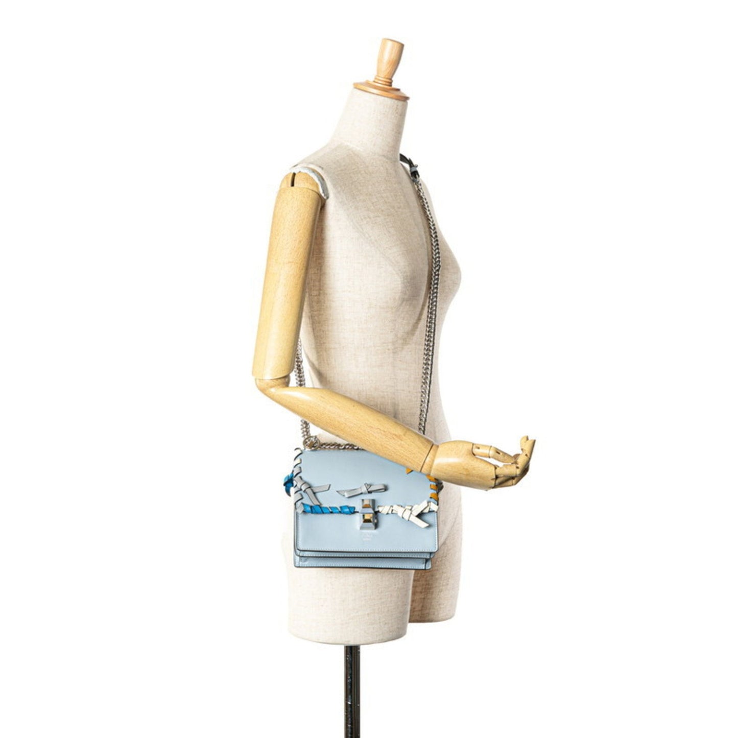 Fendi Canai Mini Ribbon Chain Shoulder Bag Handbag 8Mo381 Light Blue Silver Leather