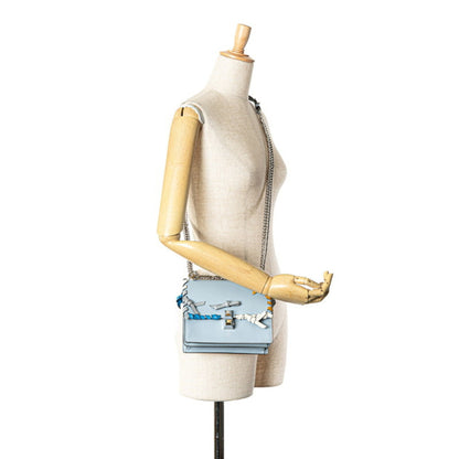 Fendi Canai Mini Ribbon Chain Shoulder Bag Handbag 8Mo381 Light Blue Silver Leather