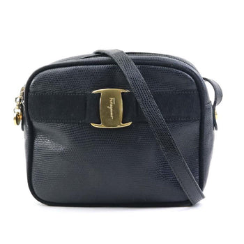 Salvatore Ferragamo Shoulder Bag Vara Embossed Leather Black Gold