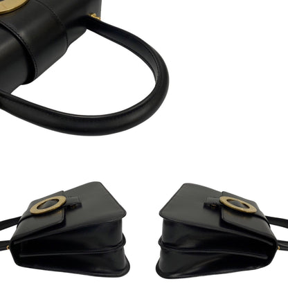 Celine Circle Logo Metal Fittings Calf Leather Genuine 2Way Shoulder Bag Handbag Black
