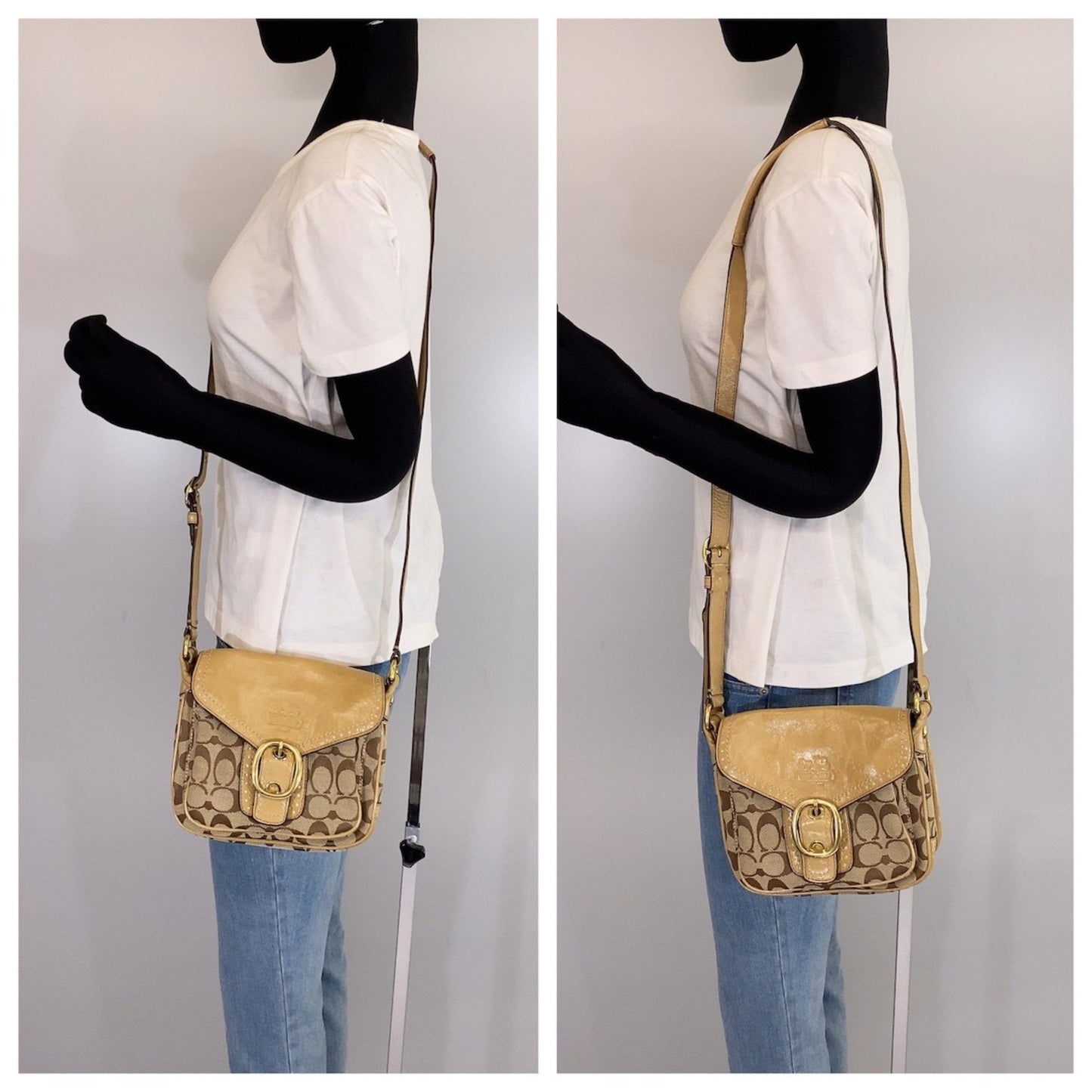 Coach Signature Beige Gold Canvas Shoulder Bag Crossbody Pochette
