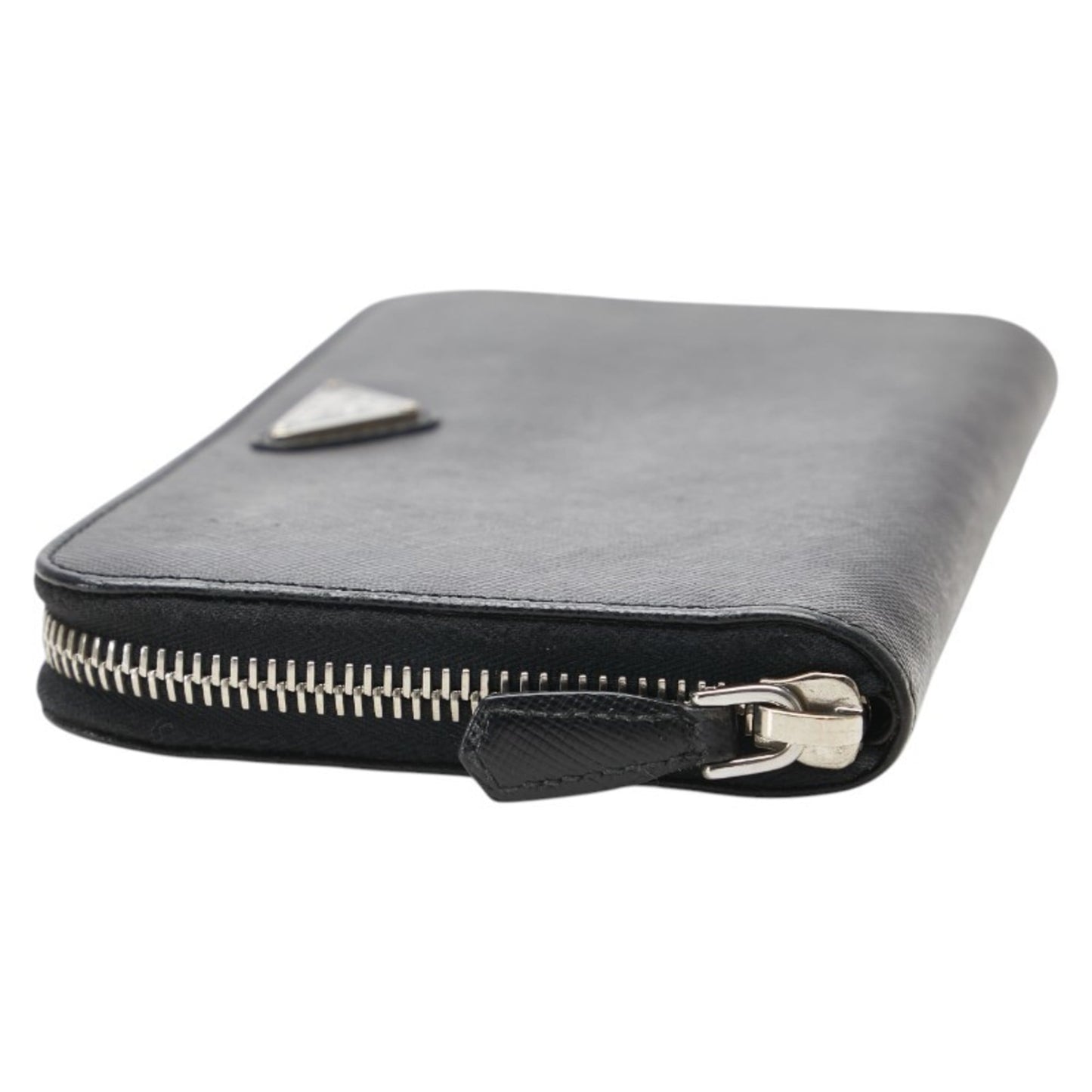 Prada Triangle Logo Plate Long Wallet Round Zipper Black Leather