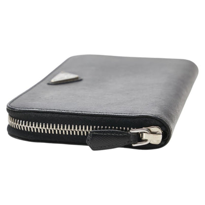 Prada Triangle Logo Plate Long Wallet Round Zipper Black Leather