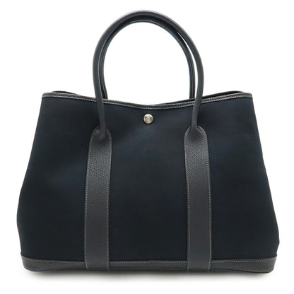 Hermes Garden Pm Tote Bag Handbag Toile Officier Canvas Leather Black