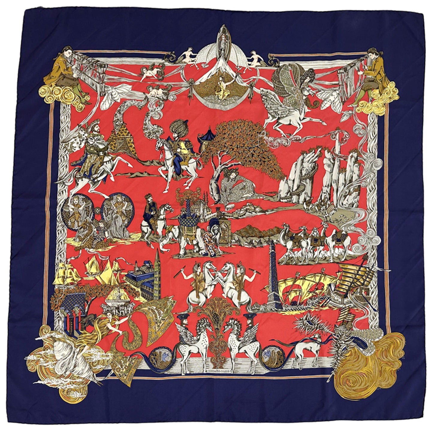 Herms Hermes Scarf/Muffler Carr 90 "Au Fil De La Soie" (As The Silk Thread Moves)