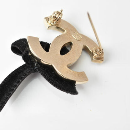 Chanel Brooch Pin Here Mark Ribbon Motif Gold Black