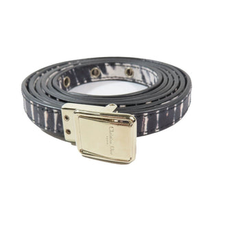 Christian Dior Leather Gold Hardware Logo Buckle Animal Print Narrow Belt All-Over Pattern Black