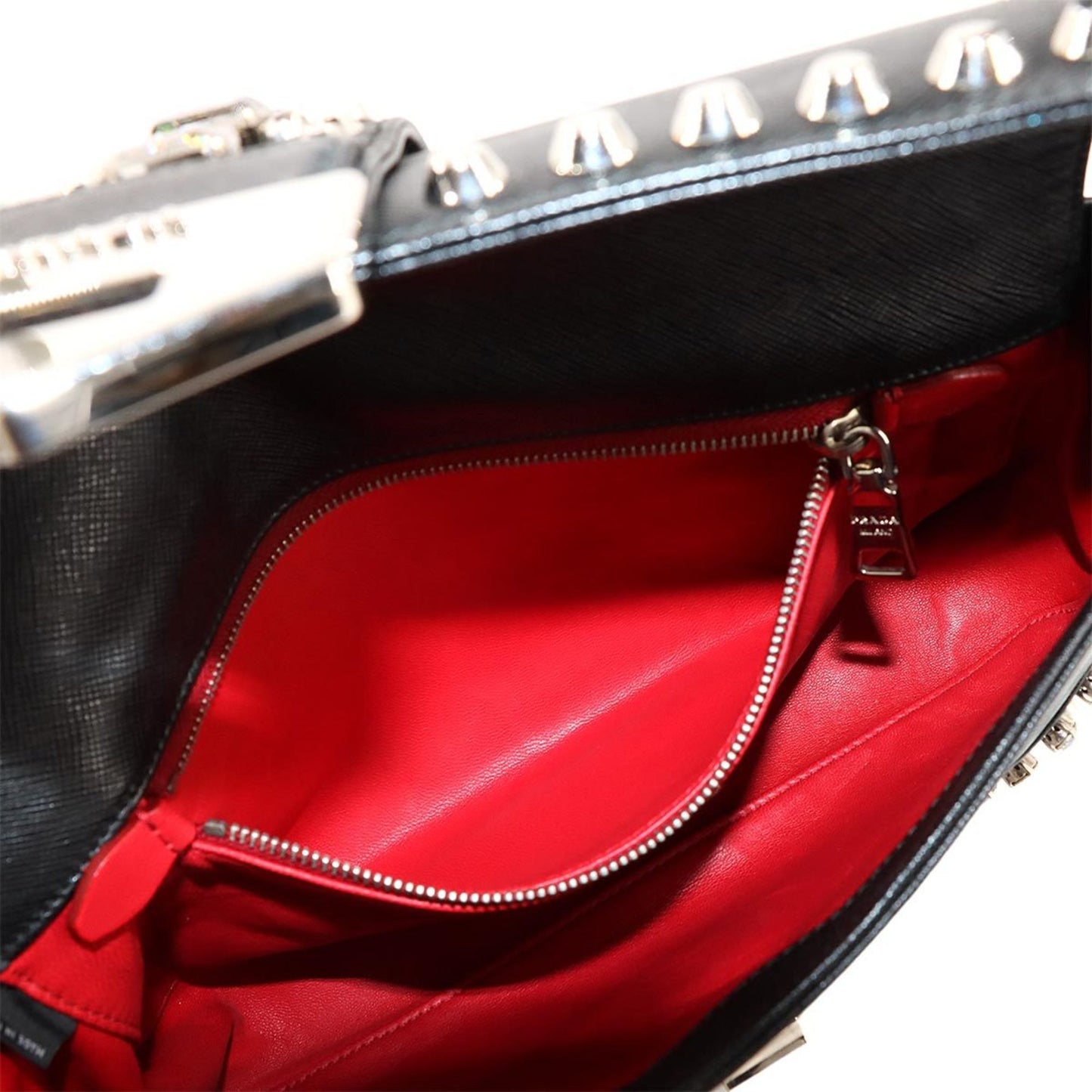 Prada Bejeweled Studded Shoulder Bag In Saffiano Leather (Black)