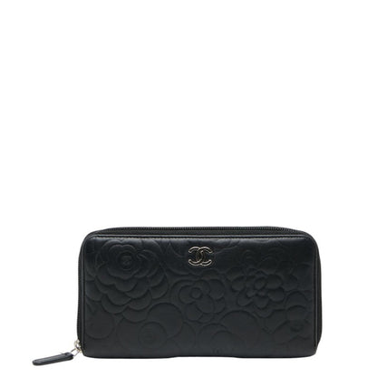 Chanel Coco Mark Camellia Round Zip Long Wallet In Black Lambskin