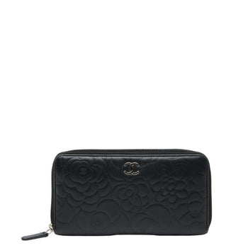 Chanel Coco Mark Camellia Round Zip Long Wallet In Black Lambskin