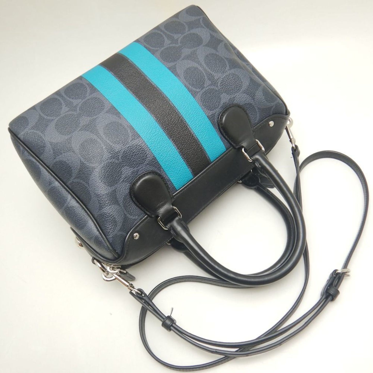 Coach Varsity Mini Bennett Satchel Signature Stripe F38401 Handbag In Black And Turquoise Leather