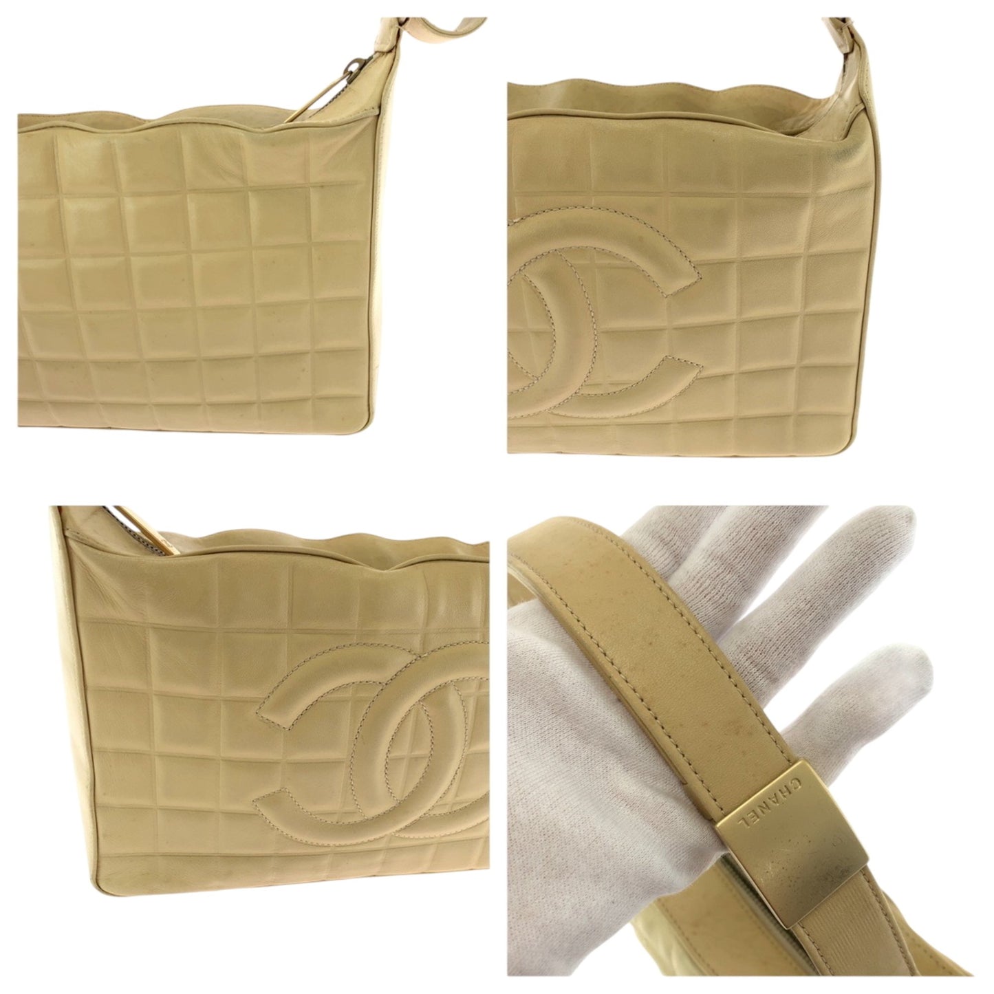 Chanel Vintage Chocolate Bar Coco Mark Beige Lambskin Shoulder Bag With Gold Hardware