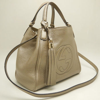 Gucci Soho 336751 Handbag Interlocking G Leather Metallic Greige 252770
