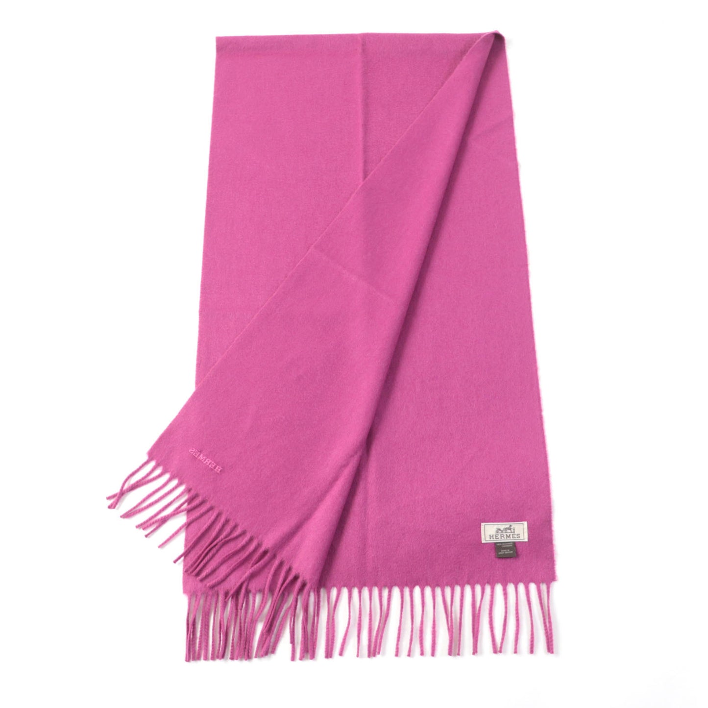 Hermes 100% Cashmere Scarf With Embroidered Logo And Fringe