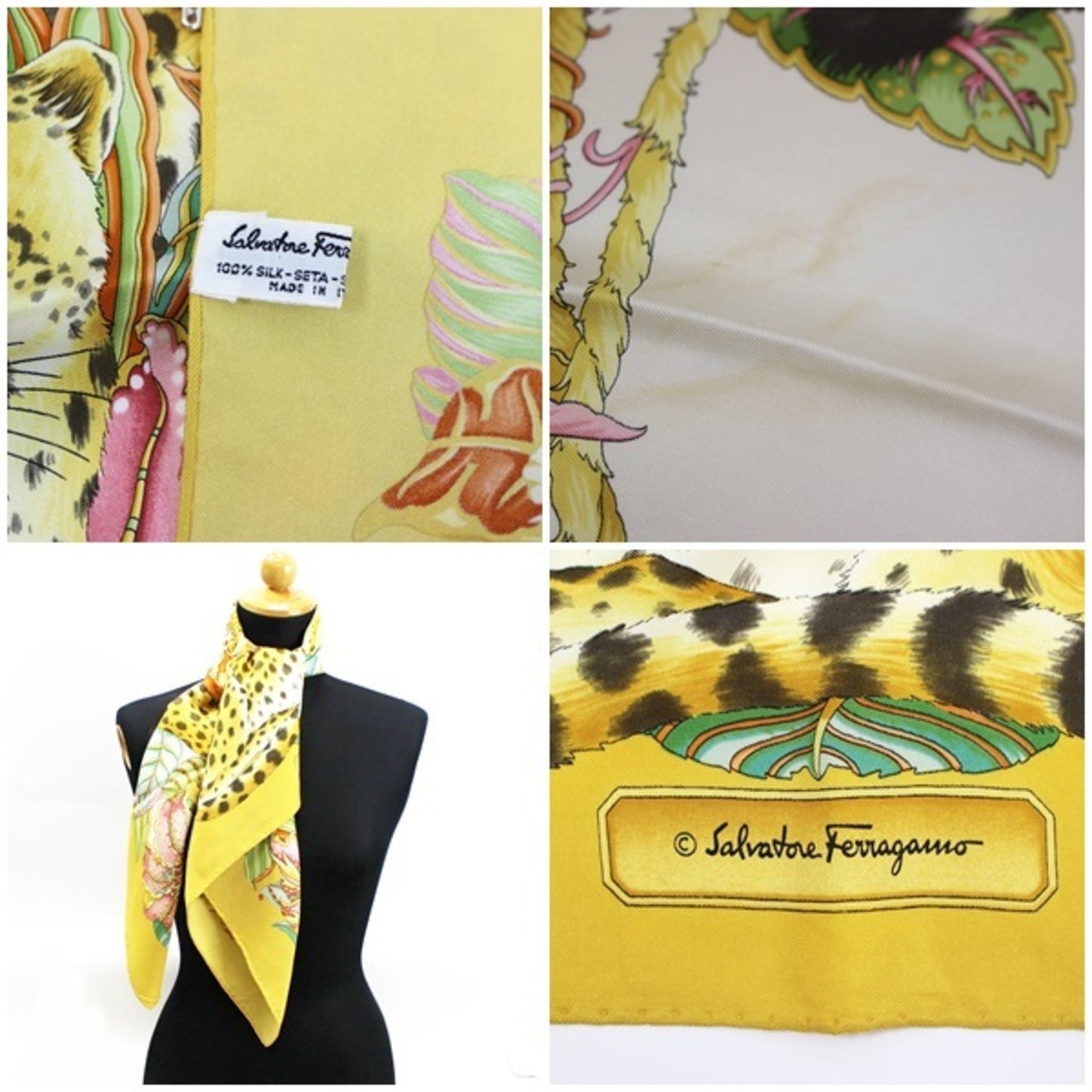 Salvatore Ferragamo Silk Scarf Muffler Leopard Print Yellow