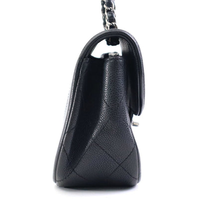 Chanel Shoulder Bag Caviar Skin Leather Black Silver